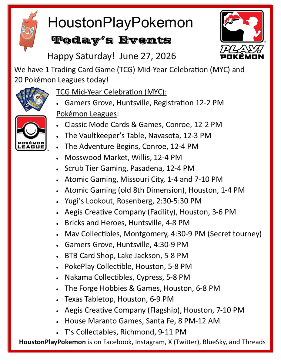 houstonpokemon's tweet photo. Happy Saturday! Astros lost. We have 1 Trading Card Game (TCG) Mid-Year Celebration (MYC) and 20 Pokémon Leagues today! #PlayPokemon https://t.co/4xxbC8QVqx