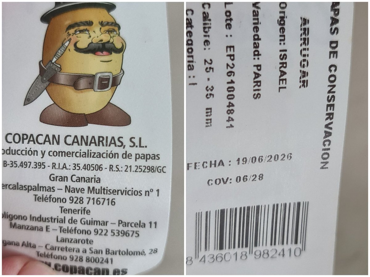 plumtowers's tweet photo. Uno compra papas en #HiperDino para arrugar pensando, por la etiqueta, q son papas del país y cuando le doy la vuelta a la etiqueta, sorpresa..dos empresas canarias ayudando a un estado genocida... https://t.co/QqBLWPeTk0