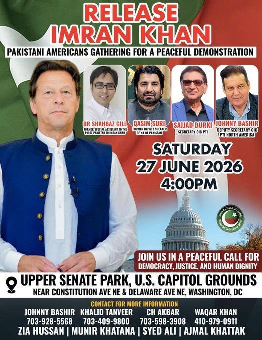 PTIofficial's tweet photo. Calling Pakistani-Americans in the DMV area. 

Join us outside the Capitol Building in Washington DC to call for Imran Khan's release and to draw attention to the state of democracy and human rights in Pakistan. 

Saturday, June 27th, 4:00PM
Upper Senate Park, US Capitol Grounds, Washington DC 

#PTIUSAProtest #FreeImranKhan

#PTIUSAProtest
#FreeImranKhan