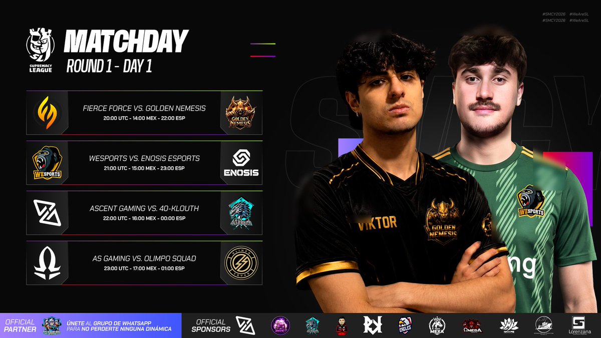 CR_Supremacy's tweet photo. ⚫️ 𝐌𝐀𝐓𝐂𝐇𝐃𝐀𝐘 - 𝐑𝐎𝐔𝐍𝐃 𝟏 - 𝐃𝐀𝐘 𝟏 ⚔️

⚡ TODAY THE LIGHTNING EDITION OFFICIALLY BEGINS! 🏆🎉

The wait is over, and the road to supremacy starts now with an incredible opening round packed with must-watch matchups 🔥⚔️

Here are today’s featured battles: 👇

​🇺🇸 @FierceForceop 🆚️ @GoldenNeme19434 🇨🇴 
⏰: 20:00 UTC - 14:00 🇲🇽 - 22:00 🇪🇸
📺🇪🇸: https://t.co/TOheAE1nmv
📺🇪🇸: https://t.co/ceW0lwL0nw
🎙️🇪🇸: @Recameca
📺🇧🇷: https://t.co/3g9cfD9s1m
🎙️🇧🇷: @Steveflacr

​​🇩🇪 @WeSports_CR 🆚 @EnosisCR 🇭🇺
⏰: 21:00 UTC - 15:00 🇲🇽 - 23:00 🇪🇸
📺🇪🇸: https://t.co/TOheAE1nmv
📺🇪🇸: https://t.co/ceW0lwL0nw
🎙️🇪🇸: @Recameca
📺🇧🇷: https://t.co/3g9cfD9s1m
🎙️🇧🇷: @Steveflacr

🇵🇪 @AscentGamingGG 🆚 @40KLOUTH 🇪🇸
⏰: 22:00 UTC - 16:00 🇲🇽 - 0:00 🇪🇸
📺🇪🇸: https://t.co/TOheAE1nmv
📺🇪🇸: https://t.co/ceW0lwL0nw
🎙️🇪🇸: @Recameca
📺🇧🇷: https://t.co/3g9cfD9s1m
🎙️🇧🇷: @Steveflacr

🇵🇪 @_AS_Gaming 🆚 @OlimpoSquad 🇵🇪
⏰: 23:00 UTC - 17:00 🇲🇽 - 1:00 🇪🇸
📺🇪🇸: https://t.co/RikjJpQpEK
📺🇪🇸: https://t.co/YC1yjBfwlg
🎙️🇪🇸: @ByAlexis_Carp
📺🇧🇷: https://t.co/3g9cfD9s1m
🎙️🇧🇷: @Steveflacr

#SMCY2026 #WeAreSWC3 #WorldCup #ClashRoyale