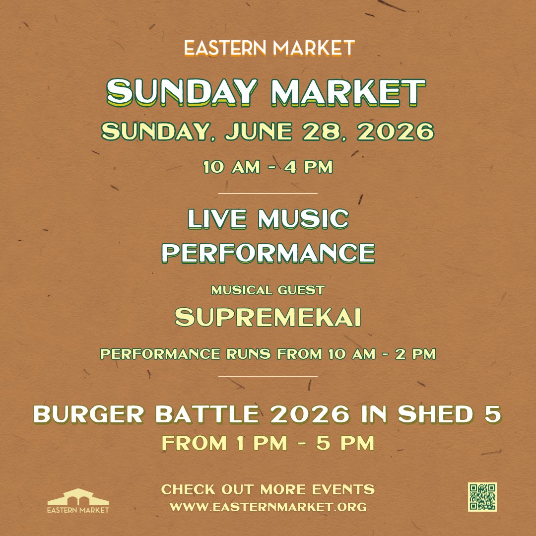 EasternMarket's tweet photo. Tomorrow! Attend this coming Sunday Market, June 28th, featuring a live musical performance by   from 10 am - 2 pm in Shed 2.

And don't forget to stop by Shed 5 for Burger Battle 2026 by @burgerbattledet from 1 pm - 5 pm.

Sunday Market runs every Sunday, June through September! https://t.co/ohW020a1fX