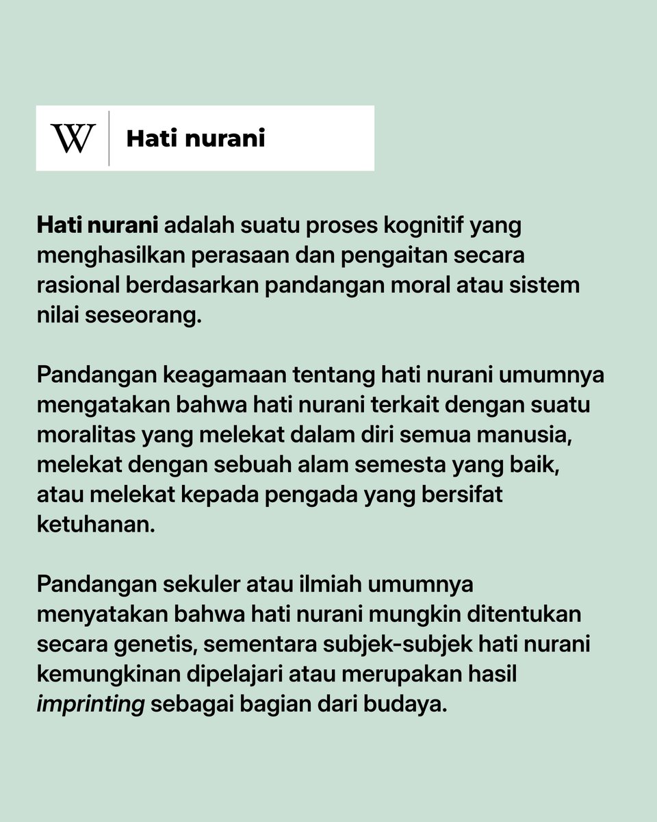 idwiki's tweet photo. Secara awam, hati nurani sering digambarkan sebagai perasaan menyesal ketika seseorang melakukan tindakan yang bertentangan dengan nilai moral. https://t.co/uEjV7eLUHg