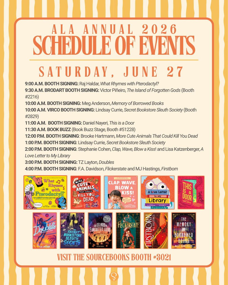 SBKSLibrary's tweet photo. Happy Saturday, Librarians 🧡 We have author signings ALL DAY today in the Sourcebooks booth #3021, so stop by for a free signed book!

#ALAAnnual26 #ALAac26 https://t.co/hQmwQbWV2W