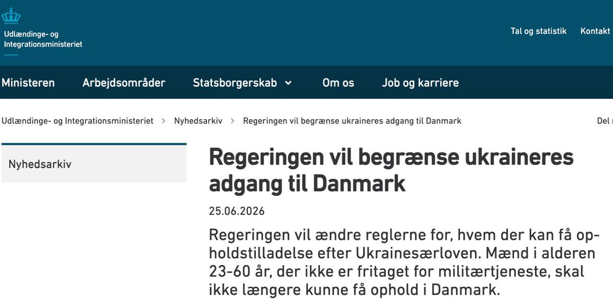 TrackerWWW's tweet photo. Dänemark will wehrfähigen Ukrainern keinen Schutzstatus mehr gewähren. https://t.co/8SpCIYrPub