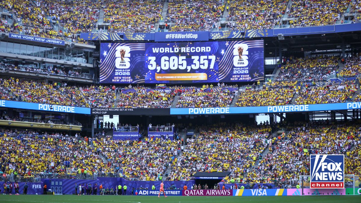 FoxNews's tweet photo. The 2026 FIFA World Cup has officially become the highest-attended tournament in history, surpassing 3.6 million spectators after the Ecuador-Germany match at New York New Jersey Stadium — and the total is still climbing. https://t.co/nhe0R70wIj