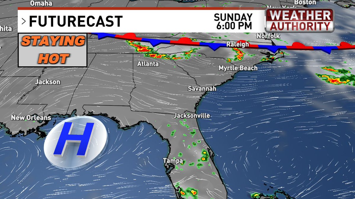 AlexCorderoWX's tweet photo. The slow moving front north of the Carolinas will drift south into early next week.   

It has a low chance of forming low pressure that could organize into a tropical depression next week. No major concern, but it will enhance rain potential for the Georgia and Florida coasts. https://t.co/0kqQN8I8zA
