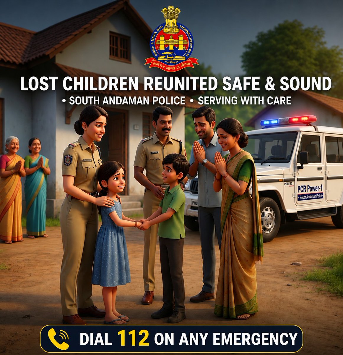 SP_SouthAndaman's tweet photo. One Call. Instant Action. Safe Hands.

A vigilant citizen alerted ERSS-112 after two minor children were found lost at Marina Park. The alert was immediately relayed to the Police Control Room, and PCR Power-1 reached the spot within just 5 minutes. After identifying their residence in Shadipur, the children were safely reunited with their guardians.

Kudos to the dedicated ERSS and PCR teams—ASI K. Nazrudeen, ASI Avinash Dua, ASI Francis Xavier, HC Brindavan Wagh, HC Muniyaswamy, G. Vinod Kumar and HGV P. Malleshwar Rao—for their swift coordination and prompt response that ensured the children's safe reunion.

#SouthAndamanPolice #ERSS112 #PCR #QuickResponse #CommunityPolicing #ChildSafety