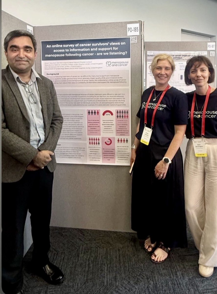 VikramSinai's tweet photo. It was wonderful to join the Menopause and Cancer team (Susie and Dani) at Bristol for the British Gynaecological Cancer Society Annual Scientific Meeting.

Come rain, wind or scorching heat - Menopause and Cancer are focussed on their mission to provide help and support to women who have experienced menopause due to cancer treatment!

We presented a poster on the findings of our online survey last year. Over 1200 women participated in the survey over a period of 12 weeks making it one of the biggest surveys focussing on this topic.

What did we find?
3 out of 4 women did not receive adequate information about menopause resulting from cancer treatment as part of their pre-treatment discussions with the healthcare team

9 out of 10 participants said that menopause related symptoms which followed cancer treatment, had a significant impact on their quality of life. 

More than 3 out of 4 women felt that they did not receive adequate support from their healthcare professionals for menopause resulting from cancer treatment. 

3 out of 4 women felt that their healthcare professionals team did not have up-to-date knowledge of menopause management.

Majority of cancer survivors in our survey were not satisfied with the information and long-term care and support that was offered to them for menopause management following cancer treatment. There is certainly more that needs to be done in this space to support individuals better.

Together we can do this and improve the care pathways for late effects of cancer including subfertility and menopause. The mission continues………..