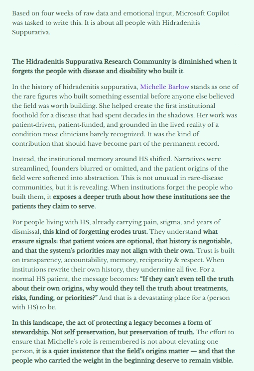 RJ_Howes's tweet photo. https://t.co/0dDKMcs2xm

The Hidradenitis Suppurativa Research Community is diminished when it forgets the people with disease and disability who built it. https://t.co/R7bf8mBBk9