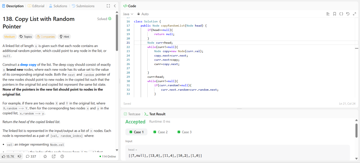 PrincePathak_5's tweet photo. Day 26/50 of my DSA Challenge

Solved LeetCode 138 – Copy List with Random Pointer today

One of the trickiest linked list problems I've faced so far Learned the optimal O(n) time, O(1) extra space approach by interleaving copied nodes, assigning random pointers without a HashMap https://t.co/XYDEszWqnt