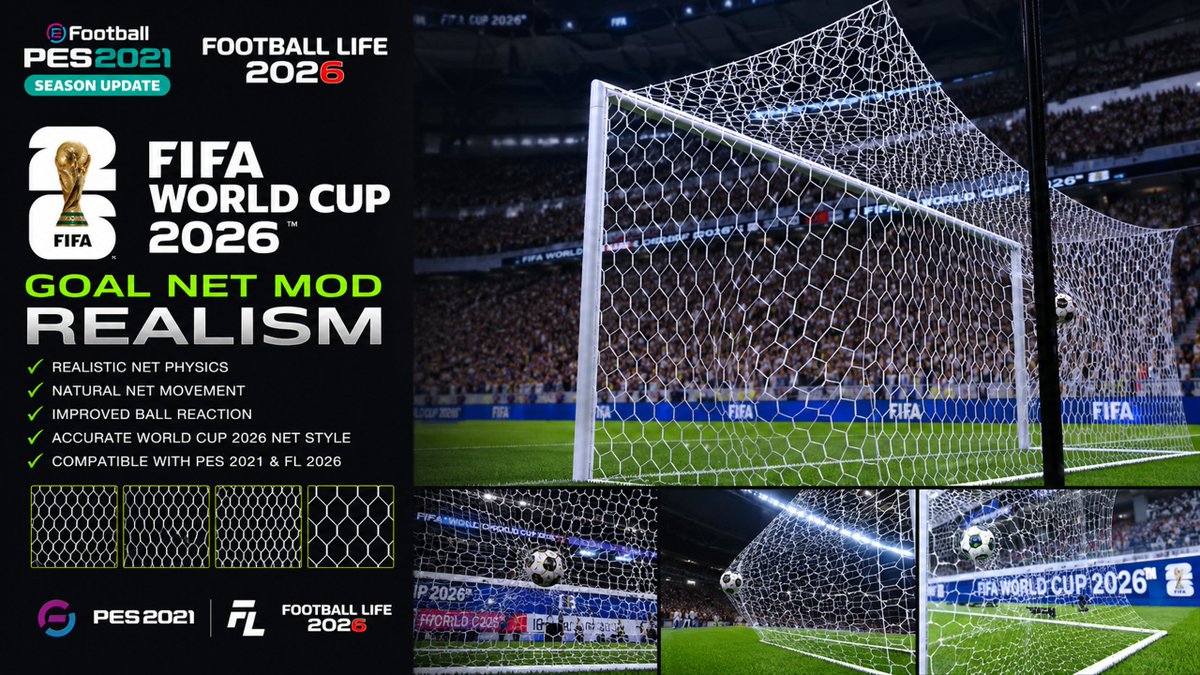 pesfiles's tweet photo. PES 2021 Goal Net Mod Realism FWC 2026 by All Makers
https://t.co/DoGTbK3rRp

Presented a graphics mod for #PES2021
#eFootball2026 #PES2021 #eFootball #pesfiles #PES2017 #PES https://t.co/ciJkgBYCPT