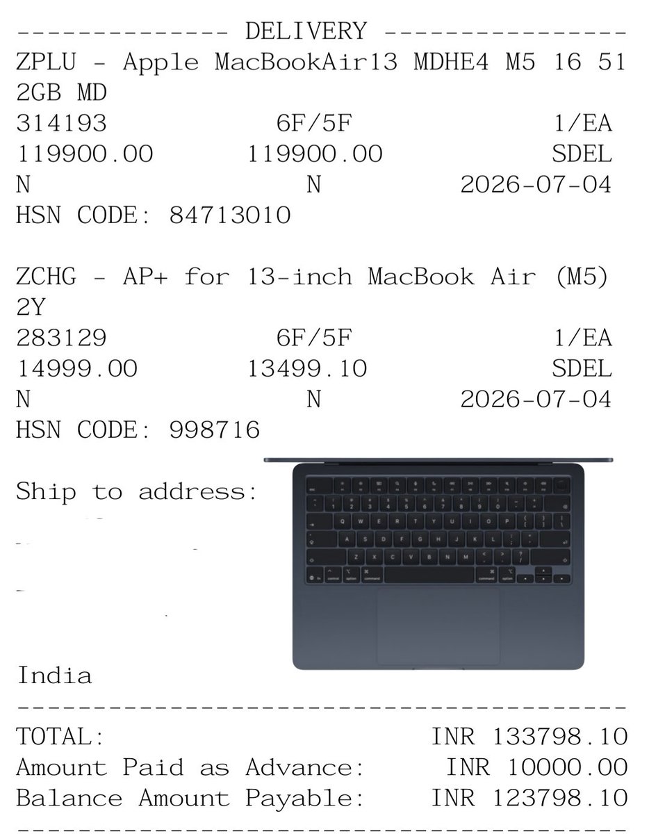 SystummXClash's tweet photo. Today, I bought a 13-inch MacBook M5 with 2 years of AppleCare+ for ₹1,33,798. After the ₹18,000 GST refund, the effective price will be around ₹1.16 lakh. If I also get the ₹9,000 card discount, it'll come down to around ₹1.07 lakh. Is this a good deal,or could get more off https://t.co/JepVdmIudr