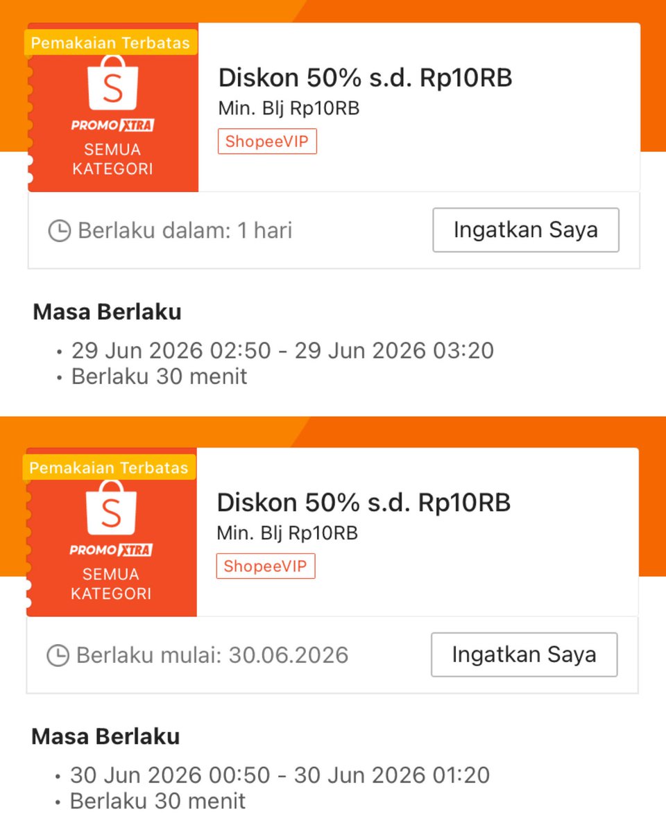 pemburupromo28's tweet photo. Spesial VIP Diskon 50% sd 10RB
🗓️29 Jun | ⏰02.50-03.20
🗓️30 Jun | ⏰ 00.50-01.20

- semua kategori berlabel promo Xtra
- wajib berlangganan ShopeeVIP
- Voucher 99% sd 50rb untuk berlangganan pertama kali

Yang blm vip bisa langsung langganan disini
https://t.co/w177lQVIsI https://t.co/76bez7NLzV