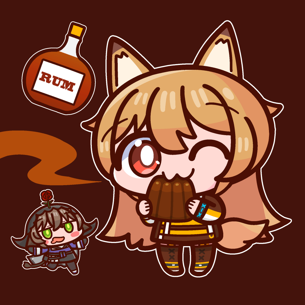 14Qoo's tweet photo. 2026年7月11日
「世界ラム酒の日」
カヌレはお酒が入っていて大人の味
甘いけどほろ苦くてとっても美味しいよ
「あちらから甘美な香りがします……」

出演：ケオベ、パラス
#毎日ケーちゃん #アークナイツ #Arknights https://t.co/7DLcnEueAB