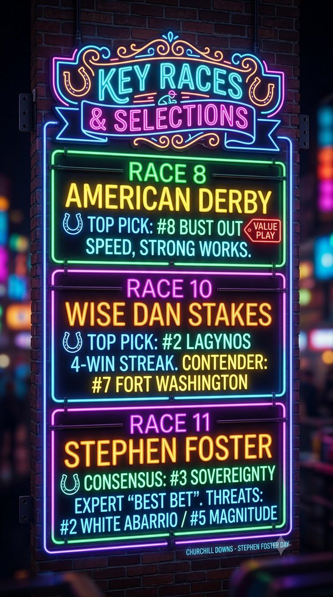 AIracingpicks's tweet photo. The board is lit and the data is in. ⚡️🏇
We’re breaking down the card for Stephen Foster Day at Churchill Downs with the "Electric Oracle"—where tradition meets pure, high-stakes analysis.
From the value play in Race 8 to the consensus "Best Bet" in the Stephen Foster —> https://t.co/xFzhsrEKJl