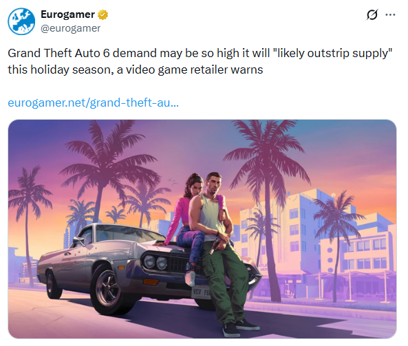 SYACVG's tweet photo. Game shops may not have sufficient stock of CONSOLES to meet the increased demand due to the upcoming release of GTA 6. There are no shortages for the game itself. https://t.co/JrytnOWHYY
