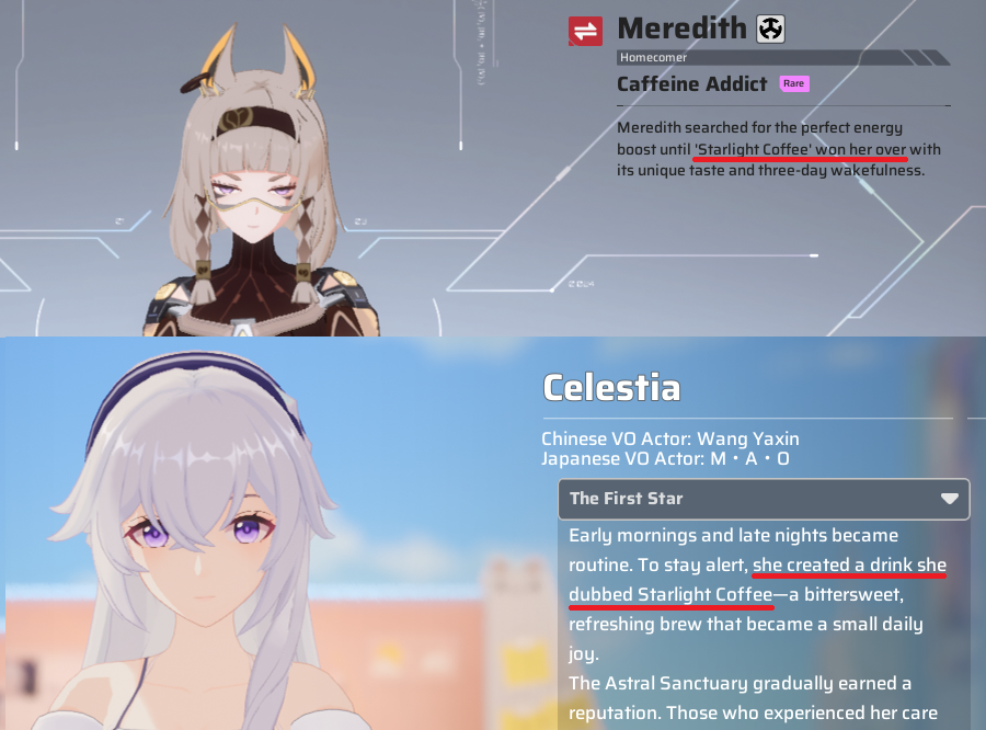 celestiaxinghui's tweet photo. Fun fact: Meredith is an enjoyer of Celestia's specialty drink, Starlight Coffee. https://t.co/1KXGmOTTNd