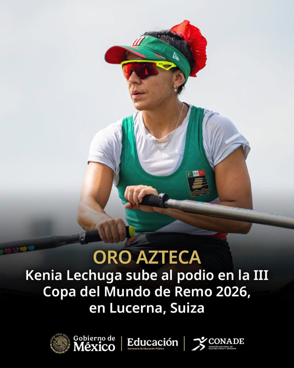 conadeoficial's tweet photo. ¡ORO PARA KENIA! 🚣🏻‍♀️🇲🇽

La olímpica mexicana @kenialechuga gana la medalla de oro 🥇 en LW1x al cronometrar 7:35.32 minutos, en la final A de la III Copa Mundial de Remo 2026, que se realiza en Lucerna, Suiza 🇨🇭

👉 Es su segunda presea dorada en el serial de Copas del Mundo 2026 https://t.co/BRtpdCcw8A