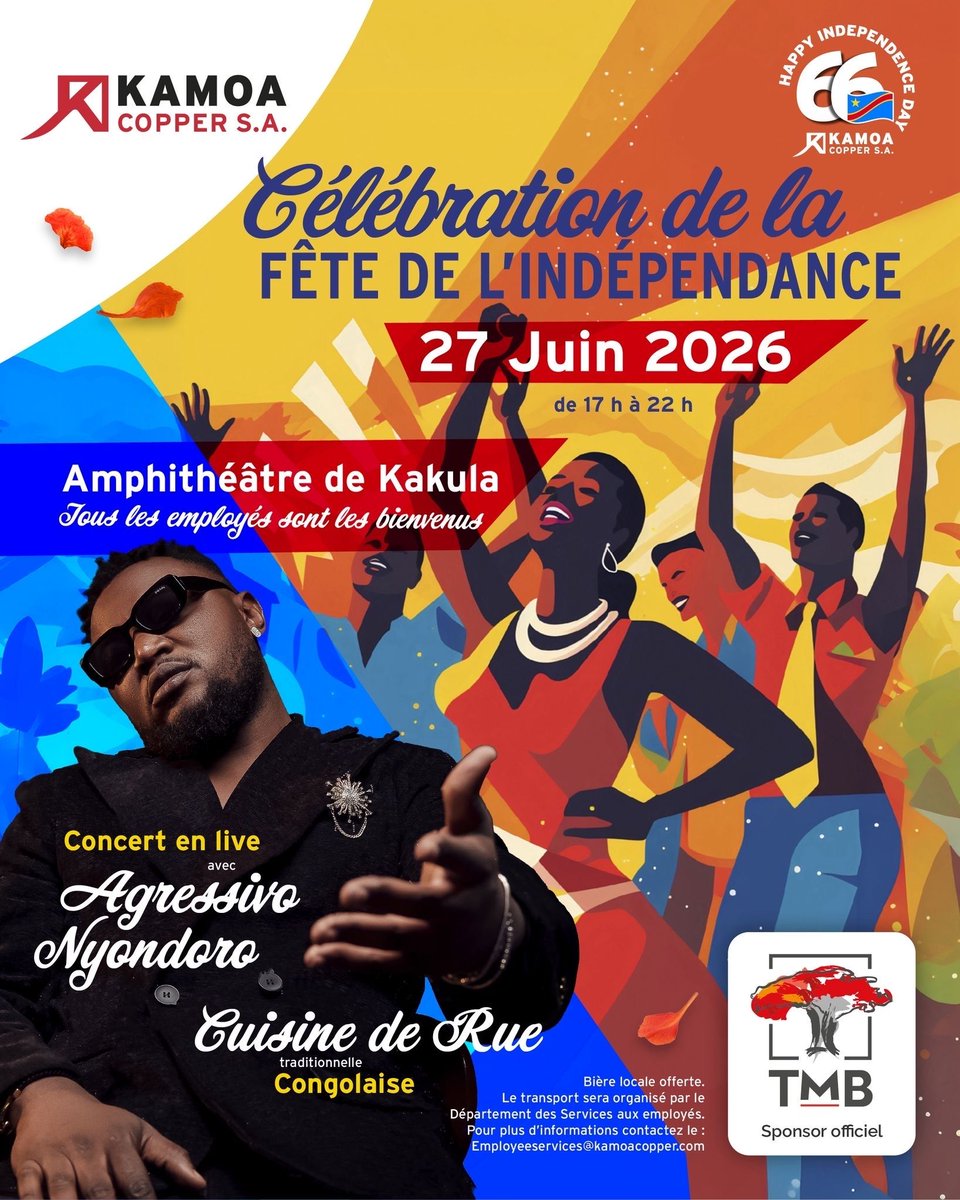 TMB_CD's tweet photo. A l’occasion du 66e anniversaire de l’indépendance de la République démocratique du Congo, la TMB est fière d’accompagner Kamoa Copper S.A. en qualité de sponsor officiel.
#TMB #IndependanceRDC #66Ans #RDC #Congo #KamoaCopper #Kakula #MadeinCongo https://t.co/R3j886xBrU