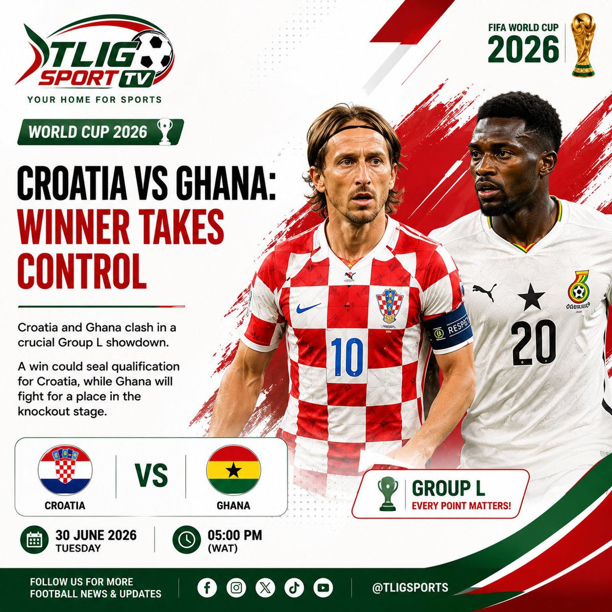TligSportTV's tweet photo. Croatia vs Ghana: Winner Takes Control

Croatia and Ghana meet tonight in one of the biggest matches of the group stage. Croatia need a result to strengthen their qualification hopes, while Ghana can secure a strong finish with another positive performance.

Prediction: Croatia 2-1 Ghana.