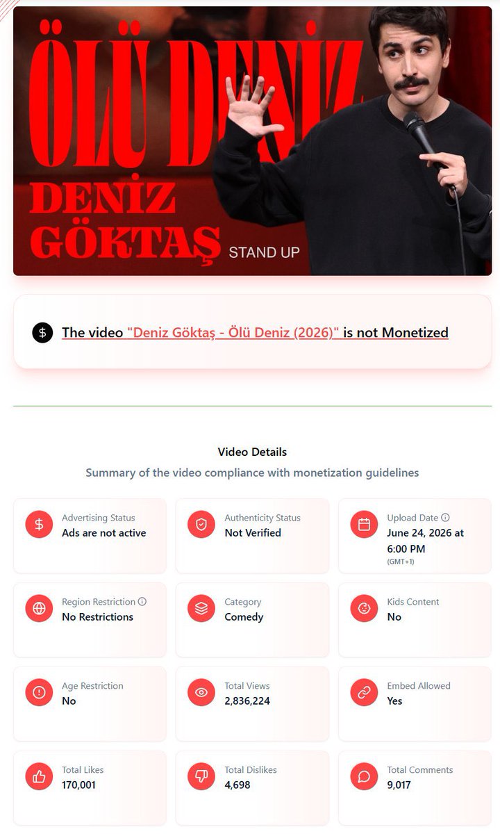 EsineAsikBiri's tweet photo. Deniz Göktaş gösterisini youtube’a para kazanma özelliğini açmadan yüklemiş. Reklamsız.

Gerçekten sadece bişeyler yapmak için yapmış. Bu gösteriyi netflixe satsa paranın dibine girerdi. Gerçek bir komünist gördüğüm için çok sevindim. Uzun zamandır görmemiştim. https://t.co/7vYum2HA0m