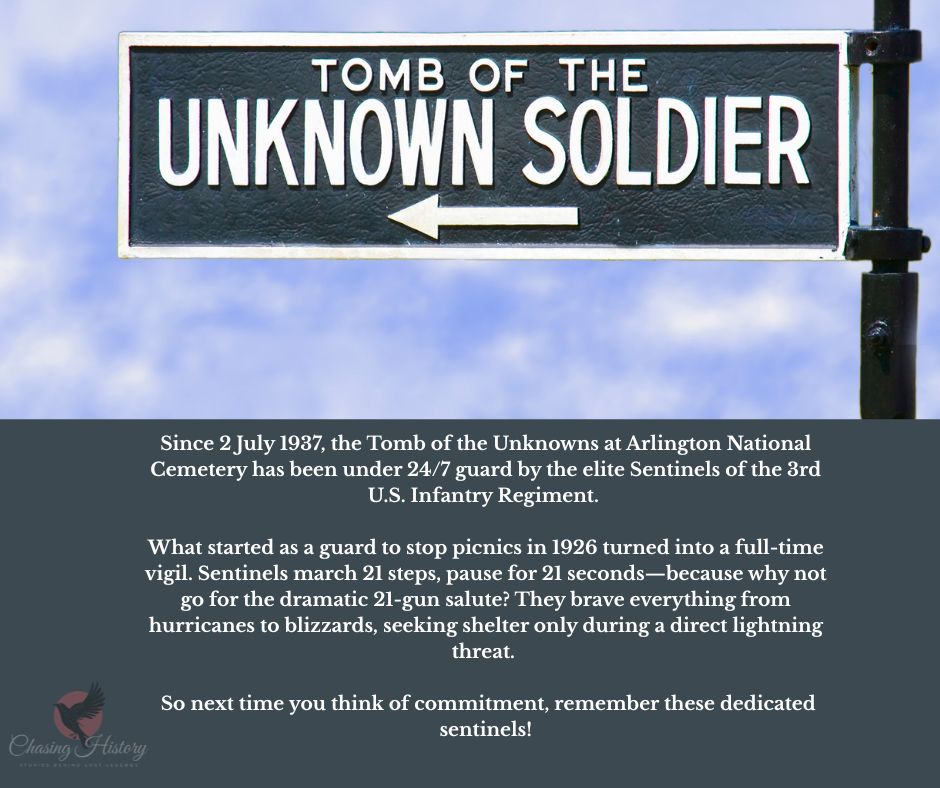 ChasingHist_ory's tweet photo. The Tomb of the Unknowns at Arlington National Cemetery has been under 24/7 guard since midnight on 2 July 1937. This round-the-clock vigil is upheld by the elite Sentinels of the 3rd U.S. Infantry Regiment (The Old Guard). Here’s why this tradition is both remarkable and demanding:

Origins: It all started in 1926 with a military guard meant to stop tourists from using the monument as a picnic spot. Fast forward to a full-time watch to ensure a permanent mark of respect.

The Ritual: Sentinels march 21 steps across a black mat, then pause to face the Tomb for 21 seconds. Why 21? It represents the 21-gun salute, the highest military honor.

Rain or Shine: These guards don’t take a break for hurricanes, blizzards, or even government shutdowns. They seek shelter only in extreme conditions (such as a direct lightning threat), returning as soon as it’s safe.

The Sentinels: Being a Tomb Guard is one of the toughest and most prestigious roles in the military. Training is intense—guards memorize extensive cemetery history and spend up to 8 hours perfecting their heavy wool uniforms to ensure they’re utterly spotless.

So, the next time you think about commitment, remember these sentinels standing watch, rain or shine, honoring those who served.

#history #ChasingHistory #truestory #DidYouKnow #tomboftheunknownsoldier