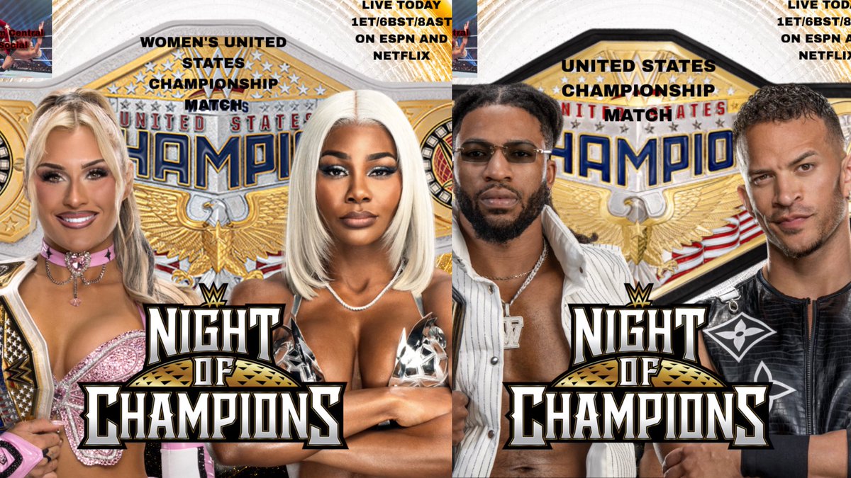 Slam_Central's tweet photo. NIGHT OF CHAMPIONS CARD!!!!

Sami Zayn Vs Cody Rhodes (C) Vs Gunther Triple Threat Match For The Undisputed Championship

Iyo Sky Vs Liv Morgan - Queen Of The Ring Final’s Match 

Oba Femi Vs Jey Uso - King Of The Ring Final’s Match

Seth Rollins Vs Bron Breakker - Steel Cage Match 

Tiffany Stratton (C) Vs Jade Cargill - Single Match For The Women’s United States Championship 

Trick Williams Vs Ricky Saints - Single Match For The United States Championship 

Live Tonight 1ET/6BST/8AST On ESPN and Netflix 

#WWE #WWENOC #NightOfChampions #WWEOnNetflix #Wrestling