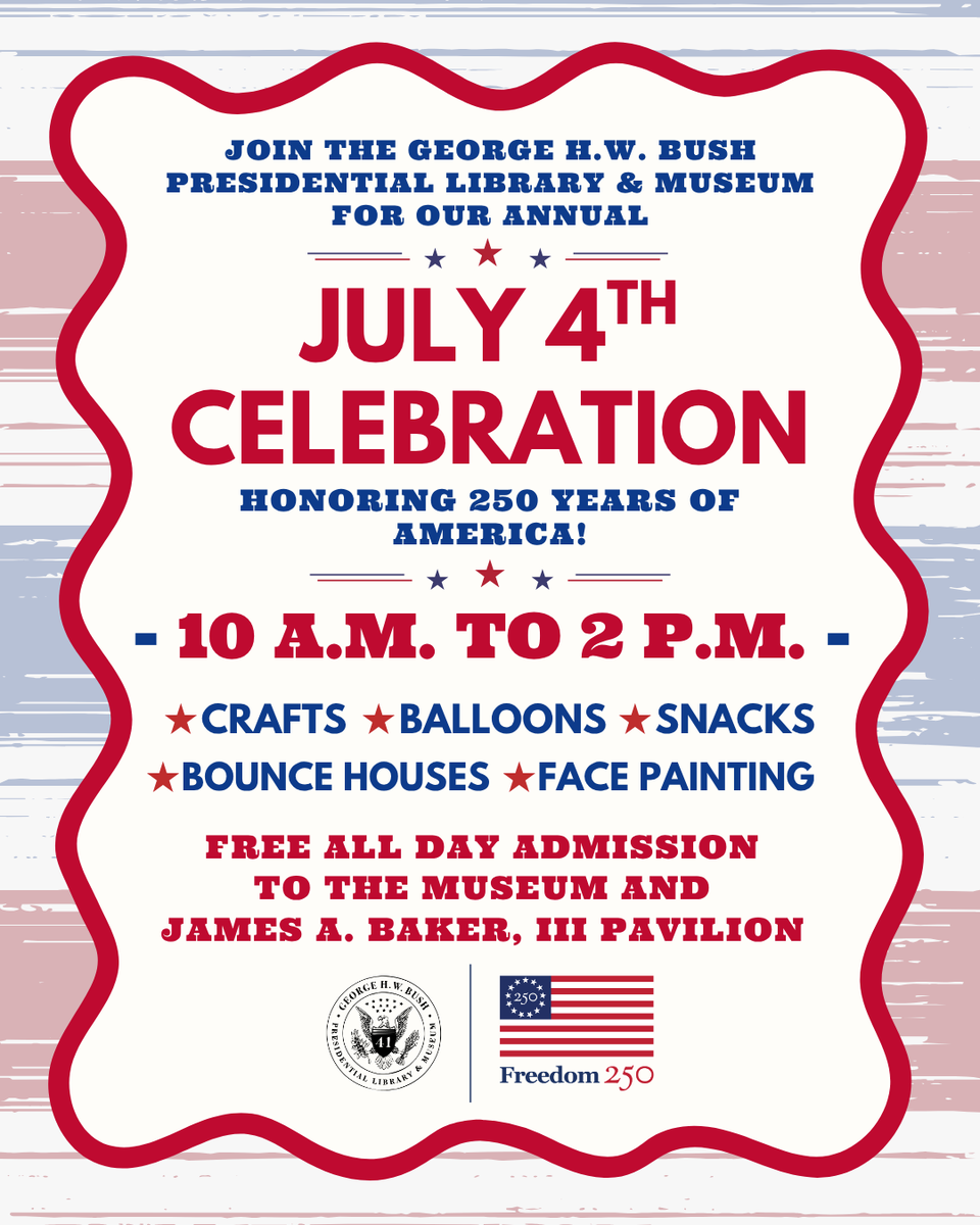 Bush41Library's tweet photo. One more week until our annual July 4th celebration!
Enjoy fun activities and free admission to the museum all day on July 4th.
#bush41 #bush41library #bush41museum https://t.co/vGVtEvqgoE