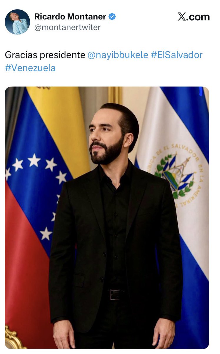 LaHuellaSV's tweet photo. 🇸🇻🇻🇪 RICARDO MONTANER AGRADECE A NAYIB BUKELE POR EL APOYO ENVIADO A VENEZUELA

El cantante venezolano, @montanertwiter, agradeció  públicamente al Presidente @nayibbukele, por la ayuda humanitaria enviada a Venezuela tras la emergencia provocada por los recientes terremotos.

A través de su cuenta en X, el artista publicó un breve mensaje: “Gracias presidente Nayib Bukele”, acompañado de las banderas de El Salvador y Venezuela. 

Este gesto se suma a las múltiples muestras de agradecimiento de ciudadanos, artistas y figuras públicas venezolanas que han reconocido el respaldo brindado por El Salvador en labores de rescate.