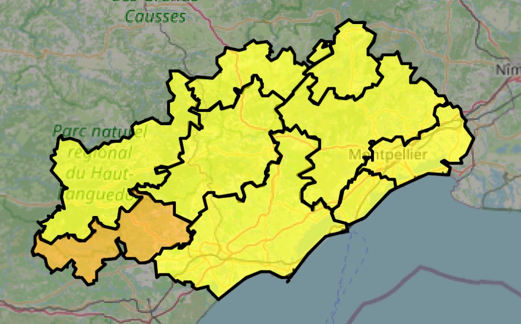 Prefet34's tweet photo. 🔍 Carte du risque #incendie pour le dimanche 28 juin dans l'#Hérault : https://t.co/TlZVRCdHb4  

🟠 Risque incendie élevé dans le secteur Minervois et Saint-Chinianais ➡️ Les accès y sont déconseillés et les travaux réglementés 

⚠️ Rappels :
🚭 Ne jetez pas vos mégots dans la nature
❌ Ni feu ni barbecue en zone boisée
📞 Composez le 18 ou le 112 si vous constatez un départ de feu