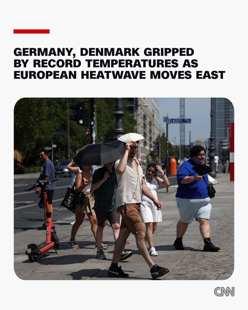 cnni's tweet photo. From Scandinavia to the Alps, Europeans endured sweltering conditions on Saturday as a heatwave linked to dozens of deaths spread eastwards, with record-breaking temperatures breaching 104 degrees Fahrenheit in some spots. https://t.co/7kb9kK6lpu https://t.co/gK64m1aW0l