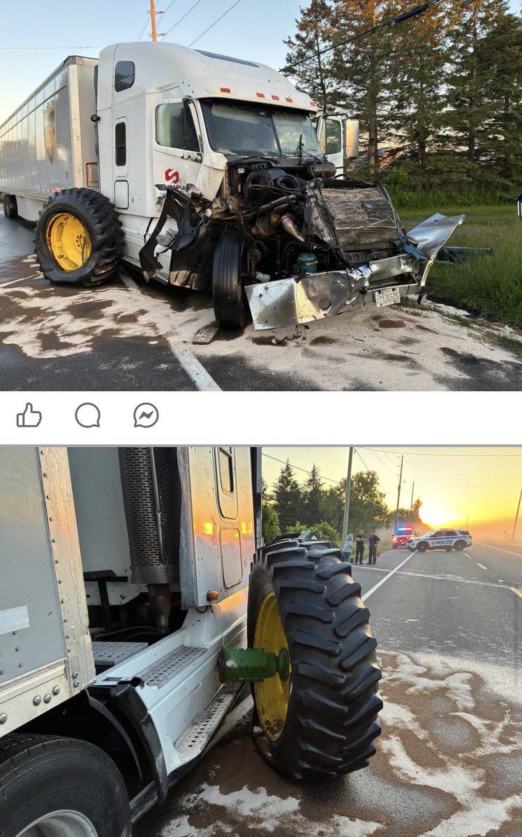 DeanPat57613010's tweet photo. Abu from Brampton totally smoked my neighbor yesterday. 

Zero attempt to slow down 

Luckily he was pulling a baler and it took the brunt of the impact.  

I’m certain he would have been killed if not for the baler. 

Hazards lights were on the tractor and baler.  

#thatwasaverycloseca
#agtwitter