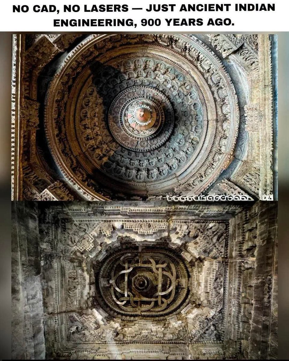 Indic_Vibhu's tweet photo. 🎯Nearly 900 years ago, Indian artisans accomplished feats that continue to astonish the world today. 

🎯These magnificent temple ceilings were neither planned using modern software nor sculpted with advanced machinery—they were painstakingly crafted entirely by hand.

🎯Each intricate layer, mesmerizing geometric design, and exquisitely detailed carving reflects extraordinary precision, symmetry, and deep mathematical understanding. The sheer artistry displayed in these stone creations remains unmatched, even centuries later.

🎯Enduring the test of time, these architectural marvels stand as a testament to the genius of India's ancient craftsmen—visionaries who transformed lifeless stone into timeless masterpieces.

A heritage etched in stone. An eternal celebration of human creativity.🚩