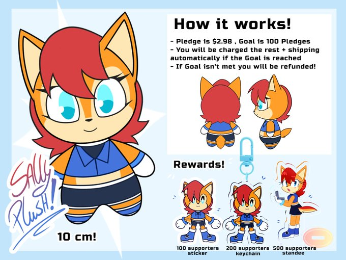 all_4sally's tweet photo. So let's see what's happened this year so far for Sally.

-Youtooz has expressed interest in making a Plushie for her and it's gotten over 2300 votes thus far.
Vote Here: https://t.co/S4eiLsACEM

-Another plus can be potentially made by @syrcaii with enough people's help. 
Pledge Here: https://t.co/93Yb5FxKg8

-Sally made a cameo on the Sonic Birthday Livestream. Small or not, she was intentionally placed there, and properly acknowledged as having been part of Sonic's legacy.

-Her code is still in Sonic Blitz, and as if now, has not been removed, hinting that there may still be genuine belief she and the other Archie characters (plus Sonia) can still be added.

-A fanzine made by @o_Azul35 is in development and practically finished. I think it's about ready to be shipped out.

-Same guy went to a Sonic expo in Japan and got confirmation that one of the Sonic Team Writers does fondly remember Sally and sees Archie as nostalgic, showing that there is interest in Japan.

-He also gave the Sonic mascot a custom Sally Plush, and apparently refused to let go. It's just for fun but for an official mascot to do that could hint even more internal desire to see Sally again.

-@Tubi is now airing episodes of Sonic SatAM, picking Sonic's Anniversary to announce that.

-@SamsProStation streamed Sonic SatAM, and we know he has close ties to Sega. So he helped introduce it to a new audience who may want to see Archie stuff appear in the future.

-When Japanese tweets became prevalent on America's side of Twitter/X, I noticed that some Japanese artists were drawing Archie characters, showing that there's interest in Japan too (as indicated above).

-The team behind CrossWorlds, when asked if they would put in the old cartoon characters, did admit that Deepcuts would be nice. That subtly hints that they would consider adding Sally.

I'm probably missing a few things. But things are still going along well. All we need is more development from Sonic Act 2, Sea3on and continued development for ASO.

So yeah. not a bad year for Sally all things considered. She's still going strong with the older fans who remember SatAM to younger fans who are just now getting into Archie.

It's rough since the Sonic fandom can be quite divided, and trying to maintain Sally's legacy is tougher when Sally, like many Sonic characters, is constantly misunderstood and head canons start to be seen as actual canon. I'll make sure to clear that up.

I'll be here to constantly update you whenever I can. Remember, support whoever you can, especially if their love for Sally is genuine.

Don't harass any creator over this either, even if you disagree with them on certain things.

If you're a creator, always remember to treat your fanbase well. Especially if you care for Sally, because a fandom divided will fall apart.

~MR