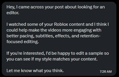 pcseditor's tweet photo. Some of y'all see the words "looking for an editor" and instantly DM your portfolio without even reading the post💀💀💀💀💀

Then wonder why you're not getting hired 🤷‍♂️ https://t.co/cDIAbKQoe5