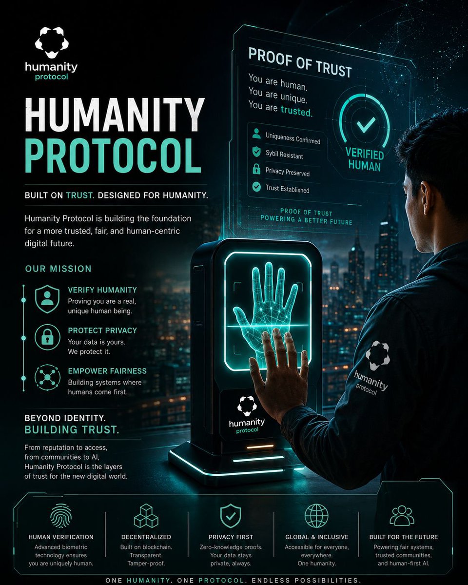 hiedverson's tweet photo. Trust begins with proving you’re human. 🤝🌍
In a world where AI and bots are everywhere, Humanity Protocol introduces Proof of Trust. A  privacy-first, decentralized way to verify real humans without compromising personal data.

@Humanityprot https://t.co/yz6hO1TOkw