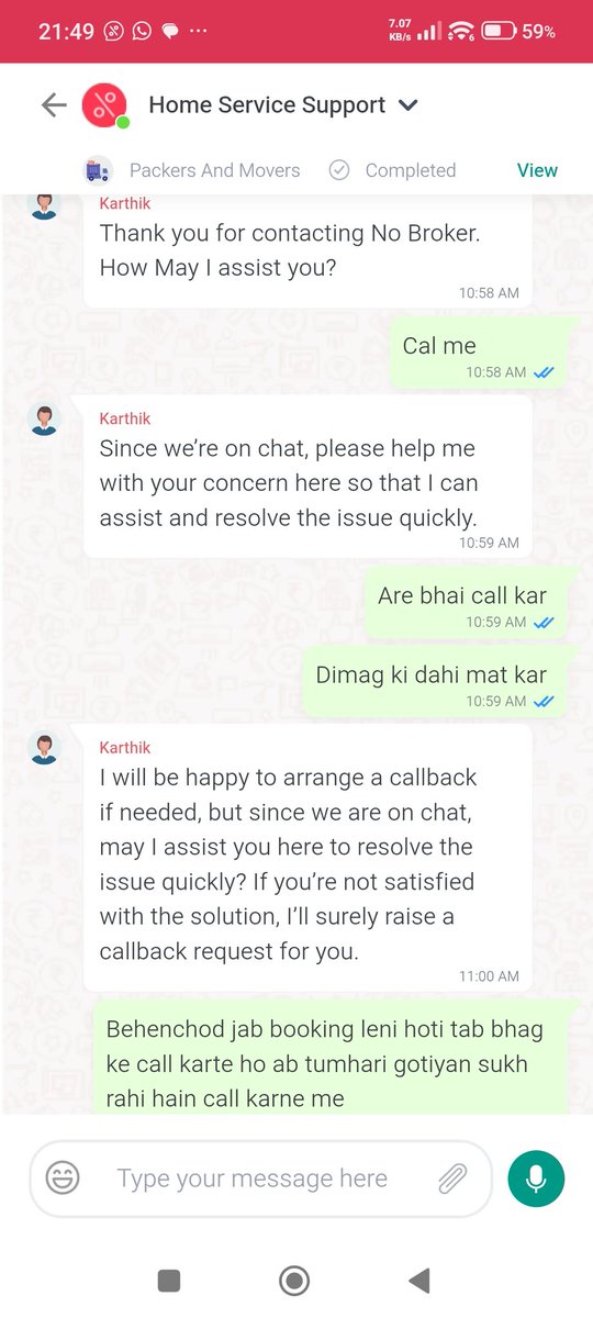 munishgarg2's tweet photo. @NoBrokerCare Let me tell you I will do my best and spend my own money to publicize this mismanagement. When you have to book a service you call every minute and when service is booked your executive says no to voice call. Because he knows he will be thrashed badly. https://t.co/as2tgu07aL