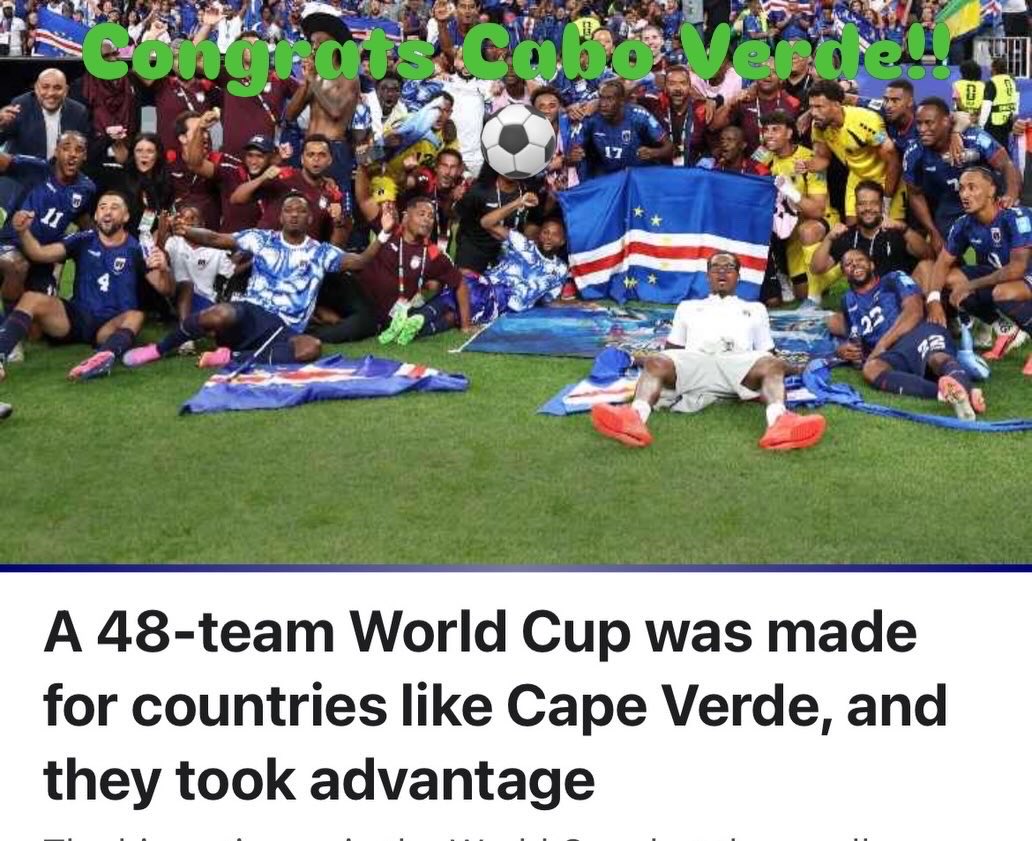 PatSheehanactor's tweet photo. Cabo Verde shows that the world CAN agree on something and reminds all of us of the importance of believing, hard-work paying off, and that regardless of what’s going on in the world, maybe there is something we all CAN agree on!  Keep on keeping on #caboverdeworldcup !!! https://t.co/Su2lALh0xX
