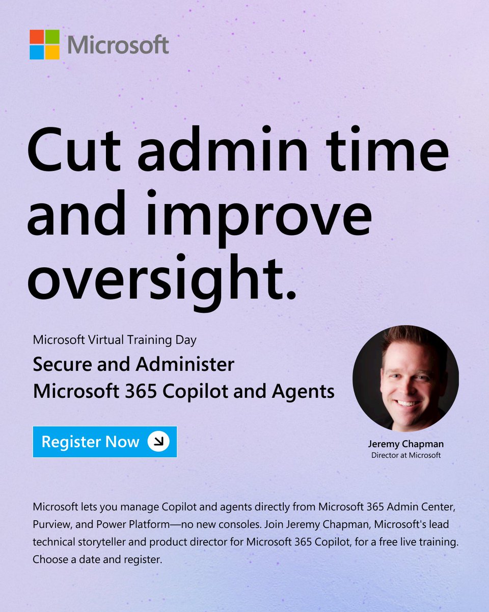 MSFTMechanics's tweet photo. Manage Copilot and agents directly from the Microsoft 365 Admin Center, Purview, and Power Platform—no new consoles needed. 

See how in a free live training hosted by Jeremy Chapman, Microsoft’s lead technical storyteller and product director for Microsoft 365 Copilot. 

Choose a Date and Register Now: https://t.co/qTMrNUgfAv