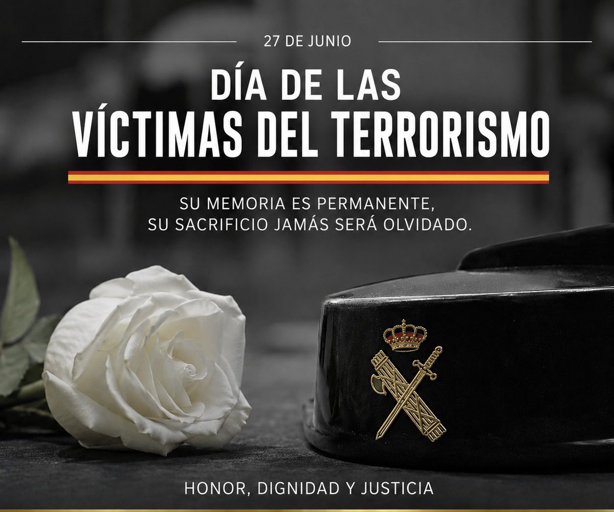 apcabos's tweet photo. 🇪🇸 Hoy, 27 de junio, es el día a las víctimas del terrorismo.

Desde @apcabos rendimos homenaje a quienes dieron su vida y a quienes siguen sufriendo sus consecuencias. Su memoria es permanente, su sacrificio jamás será olvidado.

Honor, dignidad y justicia.

#VíctimasDelTerrorismo #GuardiaCivil #SiemprePresentes