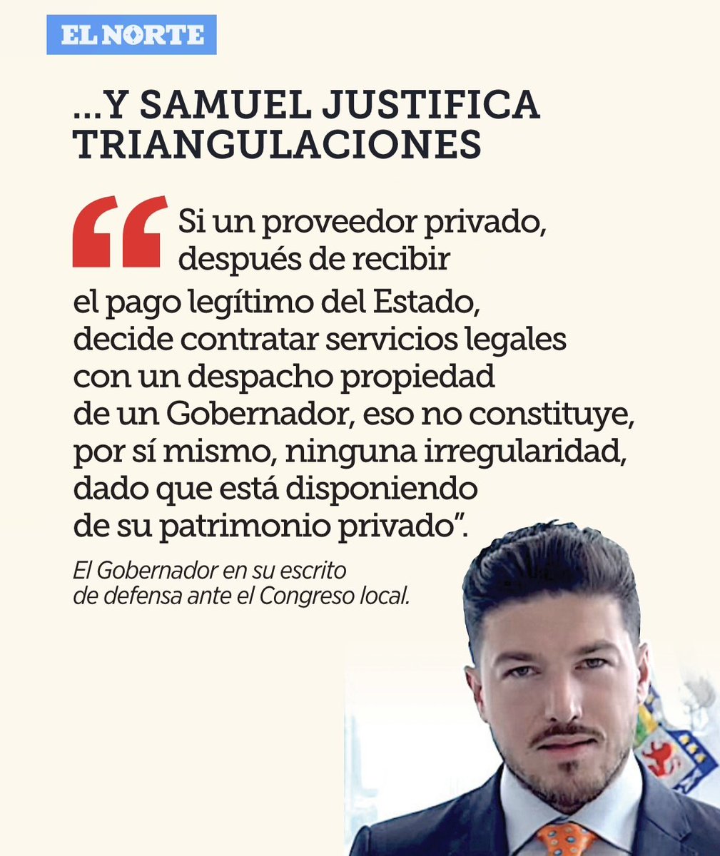 dreyesmty's tweet photo. 🚩 Lo "nuevo" en Nuevo León intenta normalizar la triangulación de recursos públicos a sus propios bolsillos.

Millones de pesos pasan en horas del erario al despacho de @samuel_garcias, y él se defiende diciendo que no está mal. https://t.co/flYcTHAh4L