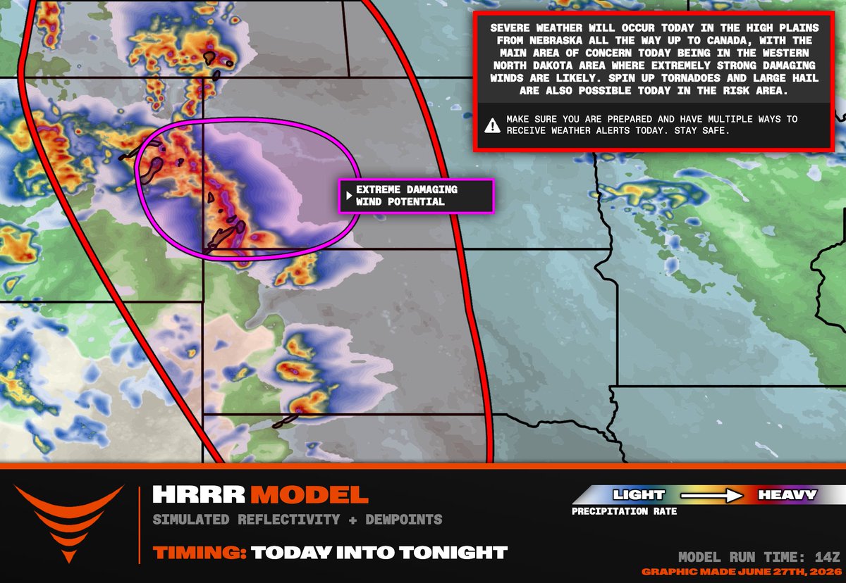 ReedTimmerUSA's tweet photo. TARGETING EXTREME WIND BAG POTENTIAL today in western North Dakota this evening into tonight with the possibility of spin up #tornadoes as well!

Supercells will fire near the ND/MT border late afternoon with gorilla hail being possible, then those storms will grow upscale into a strong MCS with destructive 80+ mph gusts being possible toward the Dickinson area all the way up around the Williston area in western North Dakota. Heads up if you live in this area these could be destructive storms!! #dominator #stormchasing