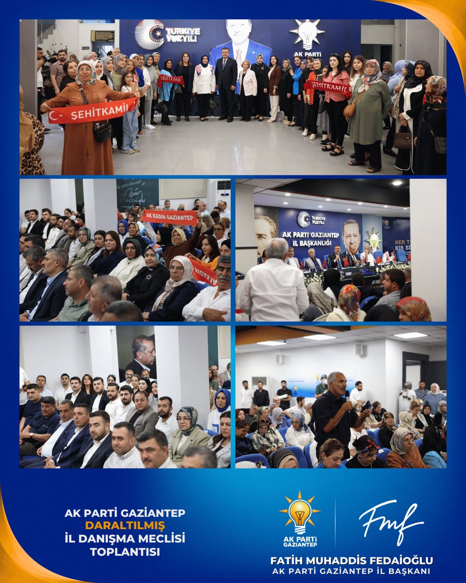 AKPartiG_Antep's tweet photo. Birlik ve istişareyle, Gaziantep için durmadan çalışıyoruz. 🇹🇷

İl Başkanımız Sayın Fatih Muhaddis Fedaioğlu, Gaziantep Büyükşehir Belediye Başkan Vekilimiz Sayın Halil Uğur, Şahinbey Belediye Başkanımız Sayın Mehmet Tahmazoğlu, Karkamış Belediye Başkanımız Sayın Mustafa Güzel, İl Kadın Kolları Başkanımız Sayın Dilan Ensari Şahin, İl Gençlik Kolları Başkanımız Sayın Mustafa Durmuş, İl ve İlçe 3 Kademe Başkan Yardımcılarımız, İl ve İlçe 3 Kademe Yönetim Kurulu Üyelerimiz, Belediye Meclis Üyelerimiz ve teşkilat mensuplarımızın katılımlarıyla Haziran Ayı İl Danışma Meclisi Toplantımızı gerçekleştirdik.

Toplantımızda teşkilat çalışmalarımız kapsamlı şekilde değerlendirilirken, sahadan gelen görüş ve öneriler istişare edildi; önümüzdeki döneme ilişkin yol haritamız ve çalışma planlamalarımız ele alındı.

Aynı hedefe inanan güçlü teşkilatımızla, birlik ve beraberlik içerisinde milletimize hizmet etmeye, Gaziantep'imiz ve Türkiye Yüzyılı hedefleri için ilk günkü azim ve kararlılıkla çalışmaya devam edeceğiz. 🇹🇷

@abuyukgumus 
@fmfedaioglu 
@halilugur1971 
@mtahmazoglu 
@mustafaguzel027 
@avdilanensari 
@avmustafadurmus 
@mehmethaz 
@cumaguzel27 
@Akparti