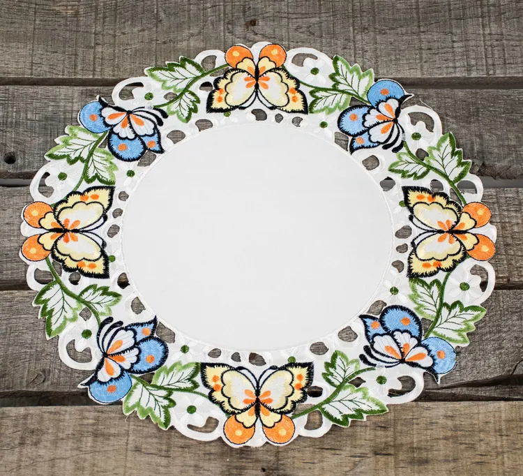 LinensArtThings's tweet photo. Beautiful and elegant embroidered colorful butterfly on ivory Centerpiece Table Topper, Placemat, Doily 15" Round. Lovely Doily for the center of your dining table, accent table, or coffee table. Add your favorite centerpiece and your table decor will be complete. #linens #doilies #homedecor #tablelinens #tablecloths #tabletopper #tablerunner #lace #LAT Watch Here: https://t.co/GjgnzGHzj2