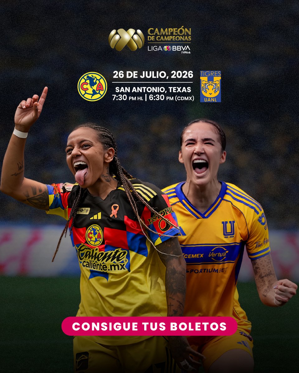 LigaBBVAFemenil's tweet photo. No es un partido cualquiera.
Es @americafemenil. 🦅
Es @TigresFemenil 🐯
Es el Campeón de Campeonas. 🏆

📍 San Antonio, Texas.
¿Ya tienes tus boletos? 🎟️
https://t.co/070FPXqER5 https://t.co/5du1wvr8k5