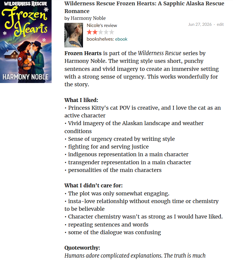 learavoice's tweet photo. My latest ARC review is up. https://t.co/XzCKyEll3k

Frozen Hearts is part of the Wilderness Rescue series by Harmony Noble. The writing style uses short, punchy sentences and vivid imagery to create an immersive setting with a strong sense of urgency. https://t.co/HZYYdYt5Uw