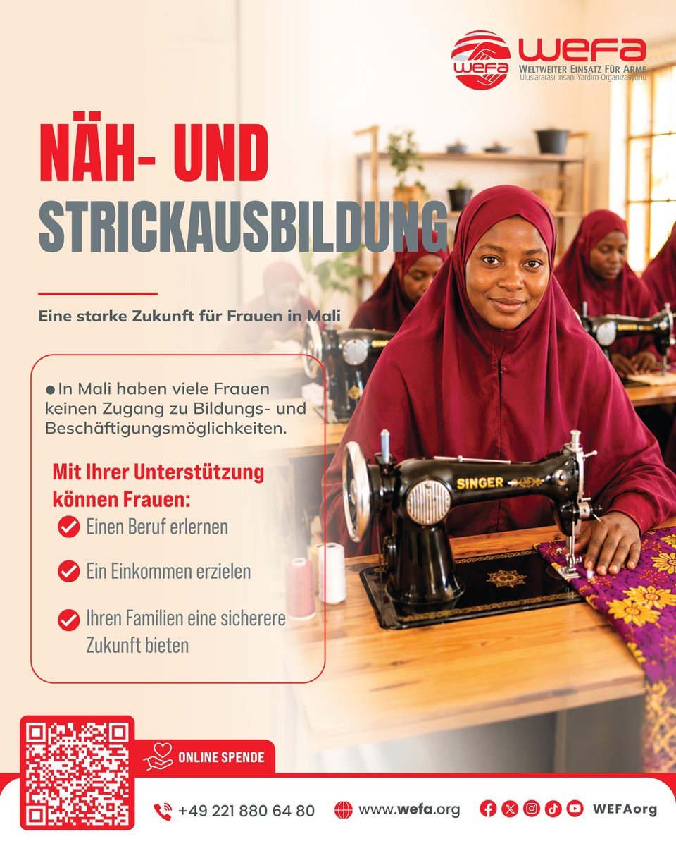 wefaorg's tweet photo. Nähmaschinen eröffnen Frauen in Mali die Möglichkeit, ihre Arbeit in ein regelmäßiges Einkommen zu verwandeln. 🧵

Mit unserem Näh- und Strickausbildungsprojekt unterstützen wir Frauen dabei, einen Beruf zu erlernen und zum Einkommen ihrer Familien beizutragen. Auch Sie können mit Ihrer Unterstützung dazu beitragen, dass noch mehr Mütter mit der Produktion beginnen. ❤️

Weitere Informationen und Spenden: https://t.co/8vETArXKeY

——

Mali’de dikiş makinesi, kadınların emeklerini düzenli gelire dönüştürebilmeleri için önemli bir imkân sunuyor. 🧵

Dikiş ve Örgü Eğitimi Projemiz ile kadınların meslek edinmesini ve aile bütçelerine katkı sağlamasını destekliyoruz. Siz de desteğinizle daha fazla annenin üretime başlamasına katkıda bulunabilirsiniz. ❤️

Detaylı bilgi ve bağış için: https://t.co/8vETArXKeY

#WEFA #şimdivefazamanı #Mali #gelirtemini
