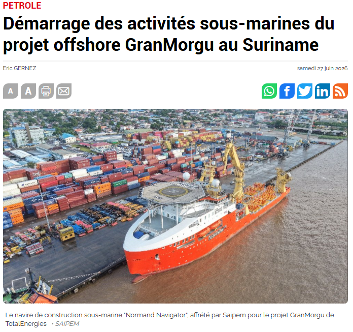 eric_gernez's tweet photo. Démarrage des activités sous-marines du projet offshore GranMorgu au #Suriname. L'arrivée du Normand Navigator marque le début de la première grande phase de la campagne offshore dans le bloc 58.
@FranceGuyane
https://t.co/eFZQ1eiE1o https://t.co/yiOtRFDr5s