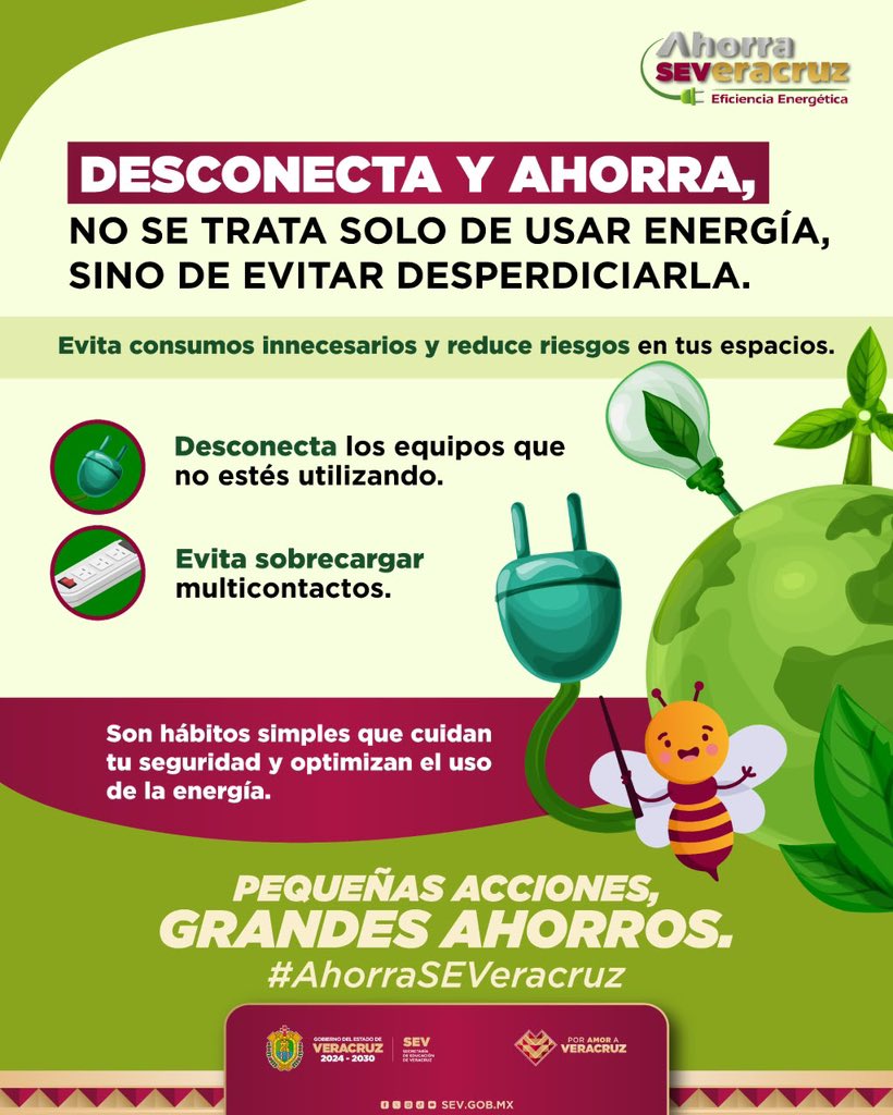 SEducacionVer's tweet photo. Desconecta y ahorra.⚡

No se trata solo de usar energía, sino de evitar desperdiciarla, por eso apaga y desconecta lo que no uses, y evita sobrecargar multicontactos.

Estos hábitos simples mejoran la seguridad y el uso de la energía. 💡🌱 https://t.co/XHKzexuZ8c