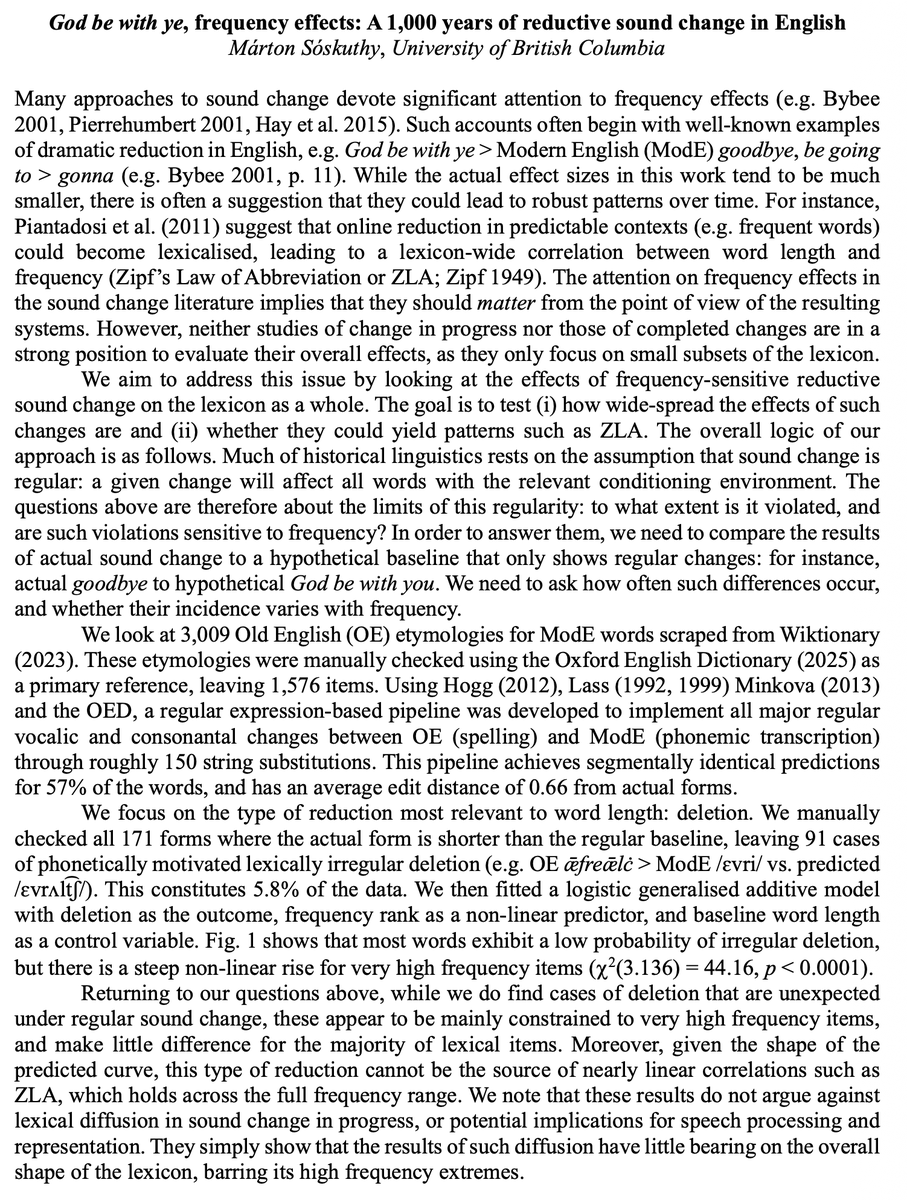 phono_logical's tweet photo. “God be with ye, frequency effects: A 1,000 years of reductive sound change in English” by Márton Sóskuthy (June ’26) https://t.co/8vDBl9oZy5 #LabPhon20
 
(Good) bye < ... < God be with you
 
Data and code: https://t.co/OIfv8SxyRD https://t.co/dAZ1mHlM48